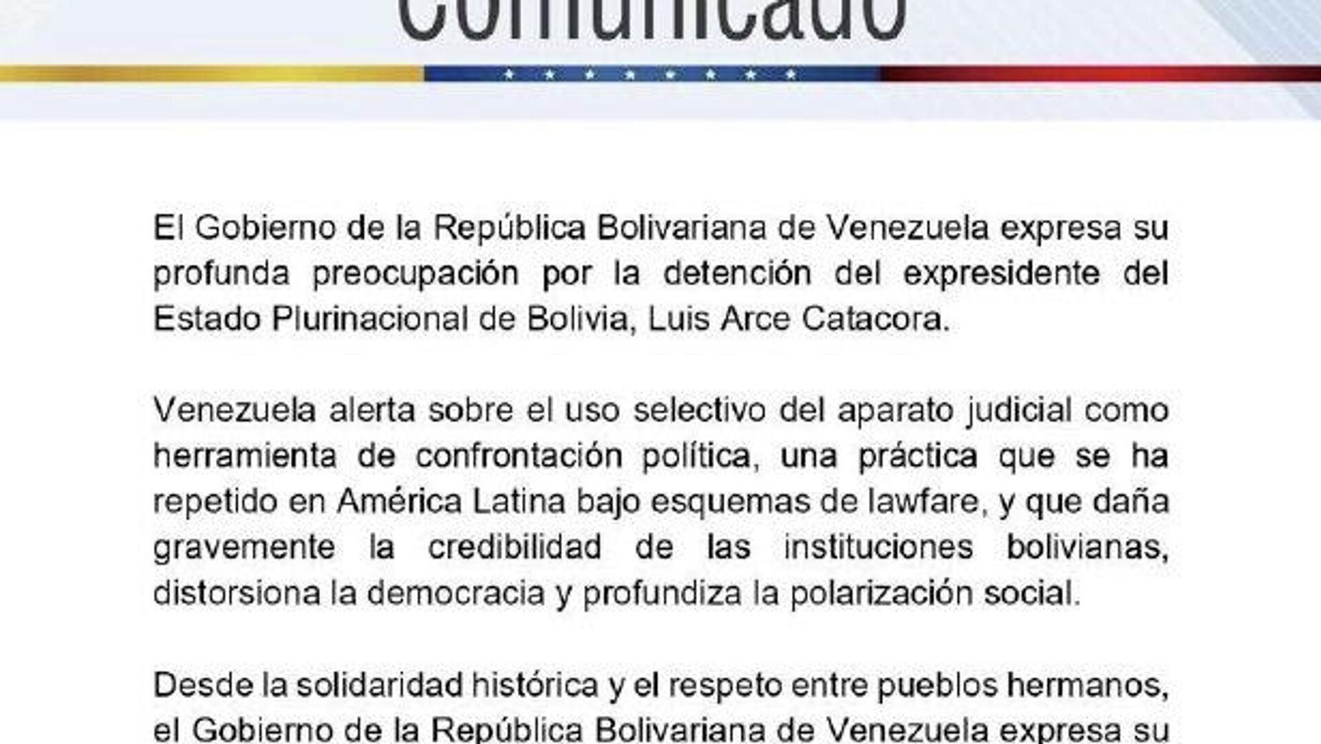 Venezuela expresa preocupación sobre detención del expresidente boliviano Luis Arce Venezuela expresa preocupación sobre detención del expresidente boliviano Luis Arce - Sputnik Mundo, 1920, 13.12.2025
