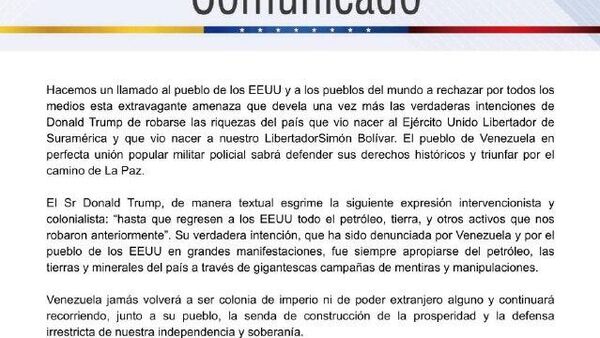 Caracas repudió la grotesca amenaza de Washington y afirmó que no volverá a ser colonia de ningún imperio, luego de que el presidente Donald Trump ordenara un bloqueo naval petrolero contra el país sudamericano e insistiera en que el Gobierno de Nicolás Maduro es una organización terrorista extranjera - Sputnik Mundo