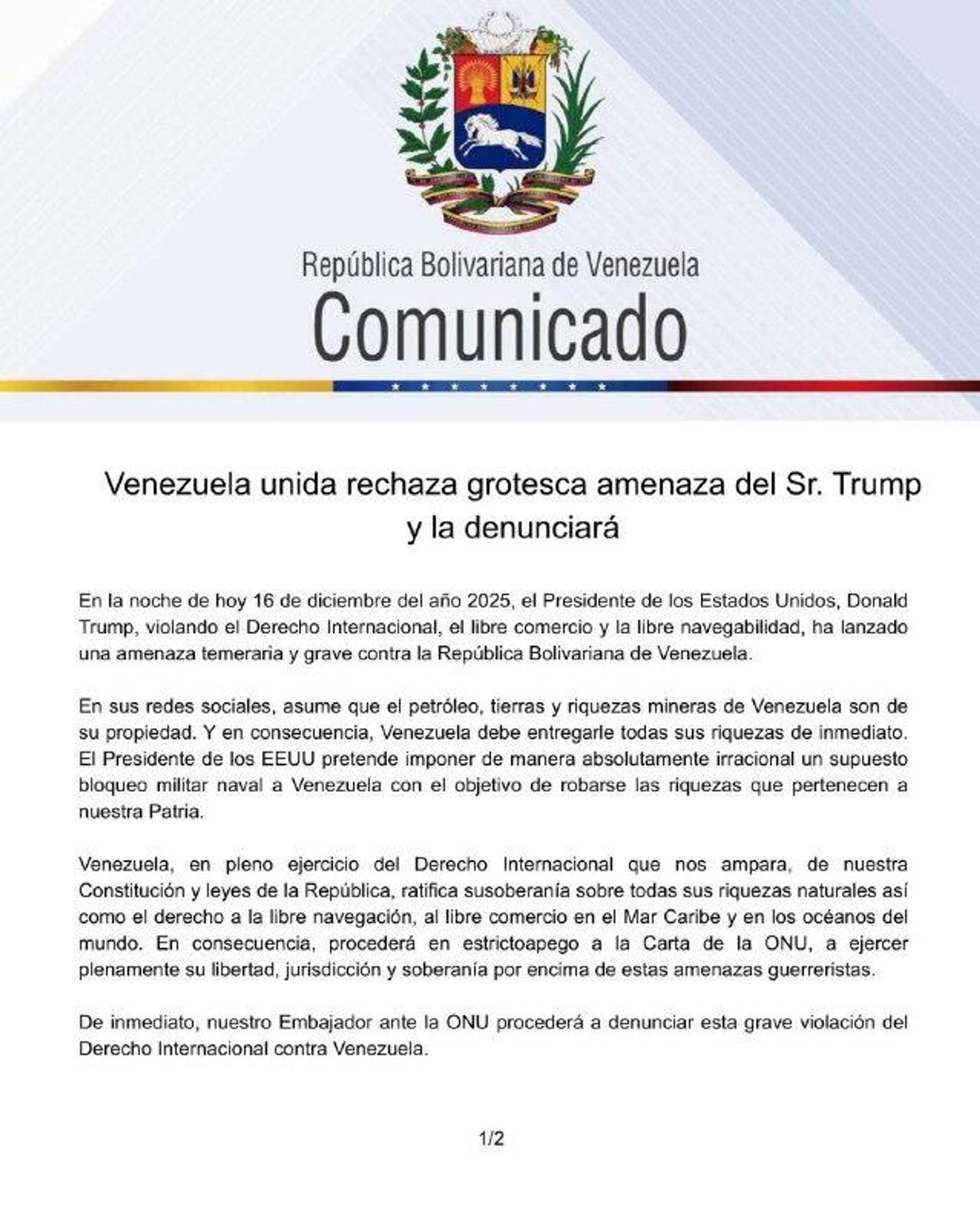 Caracas repudió la grotesca amenaza de Washington y afirmó que no volverá a ser colonia de ningún imperio, luego de que el presidente Donald Trump ordenara un bloqueo naval petrolero contra el país sudamericano e insistiera en que el Gobierno de Nicolás Maduro es una organización terrorista extranjera - Sputnik Mundo, 1920, 17.12.2025