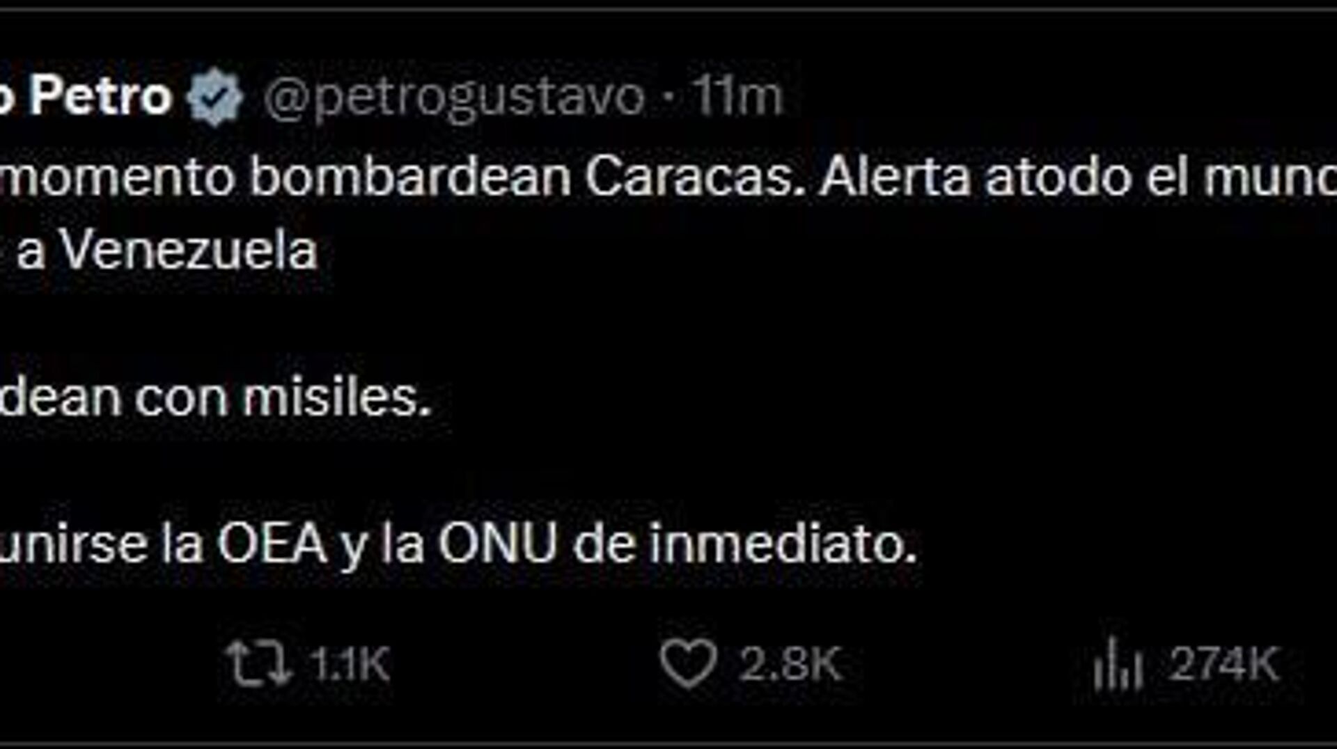 Alerta a todo el mundo: Gustavo Petro repudia el ataque contra Venezuela Alerta a todo el mundo: Gustavo Petro repudia el ataque contra Venezuela - Sputnik Mundo, 1920, 03.01.2026