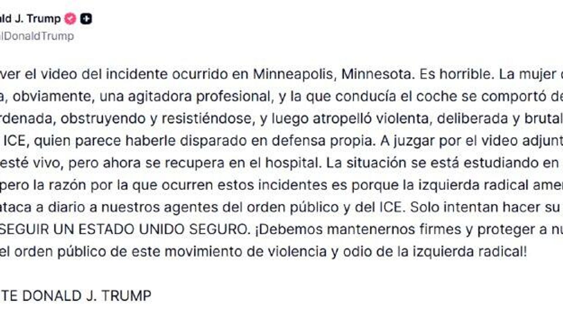 Trump respalda la versión de ICE sobre el abatimiento de una mujer en el norte de EEUU Trump respalda la versión de ICE sobre el abatimiento de una mujer en el norte de EEUU - Sputnik Mundo, 1920, 07.01.2026