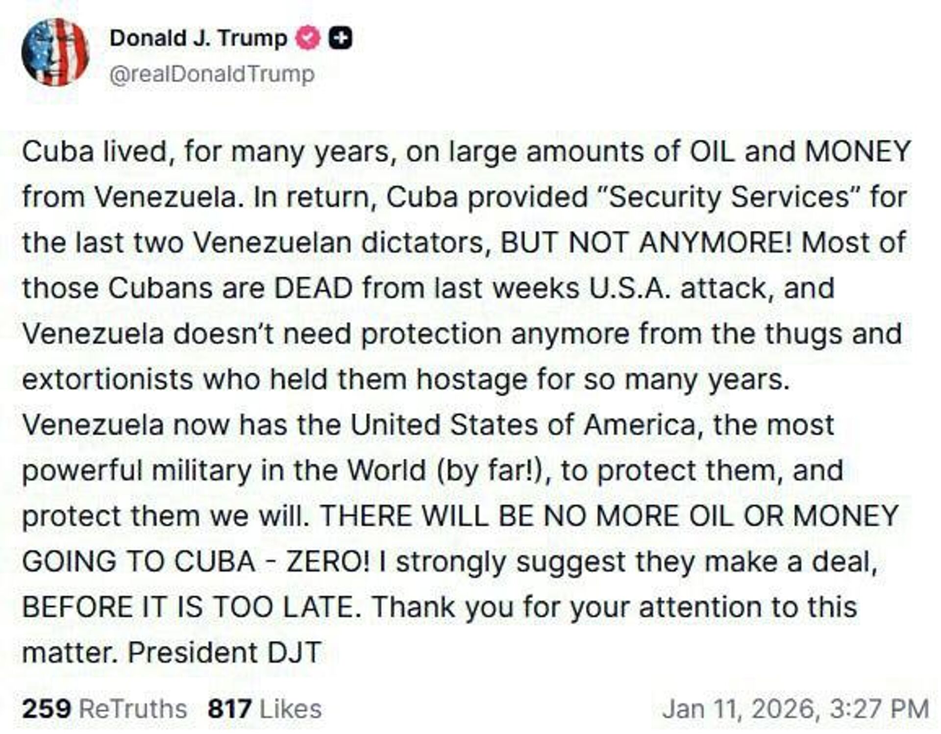 Ni petróleo ni dinero: Trump anuncia el fin del apoyo de Venezuela a Cuba - Sputnik Mundo, 1920, 11.01.2026