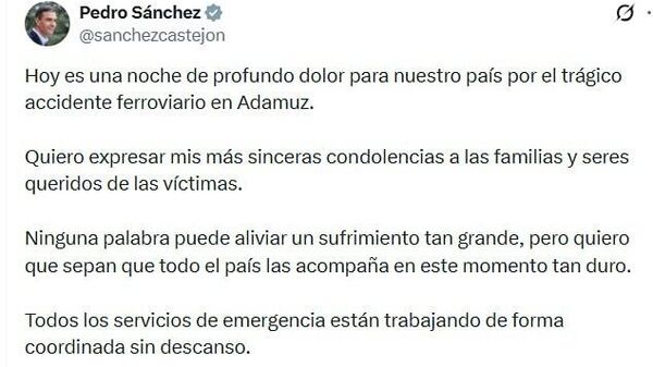 Una noche de profundo dolor: Pedro Sánchez se pronuncia tras el fatal descarrilamiento de un tren en Córdoba - Sputnik Mundo