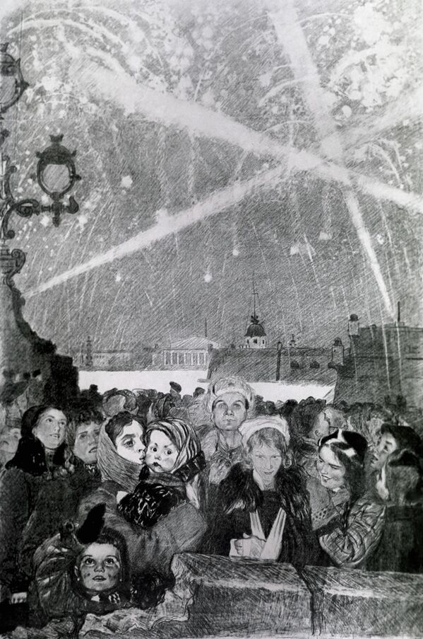 En la foto: reproducción del cuadro Saludo del 27 de enero de 1944, perteneciente a la serie Leningrado durante el sitio, del artista Alexéi Pajómov, del fondo de La Galería Estatal Tretiakov. - Sputnik Mundo