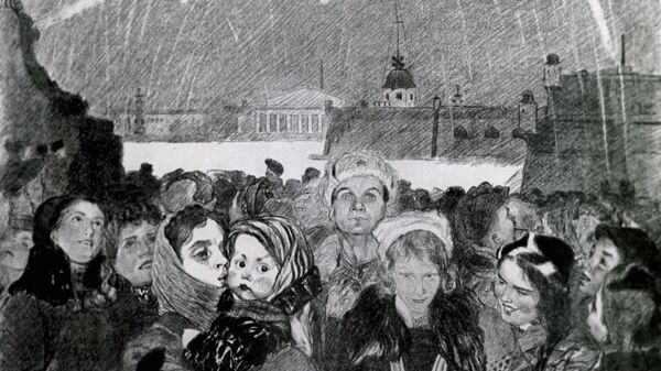 Reproducción del cuadro 'Saludo del 27 de enero de 1944', perteneciente a la serie 'Leningrado durante el sitio', del artista Pakhómov A.F., fondos de La Galería Estatal Tretiakov. - Sputnik Mundo