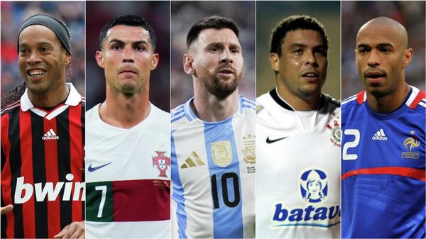 Futbolistas: Ronaldinho de Brasil, Cristiano Ronaldo de Portugal, Lionel Messi de Argentina, Ronaldo de Brasil y Thierry Henry de Francia. - Sputnik Mundo