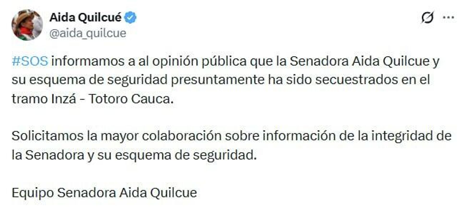 Una senadora indígena de Colombia habría sido secuestrada, según su equipo de trabajo - Sputnik Mundo, 1920, 10.02.2026