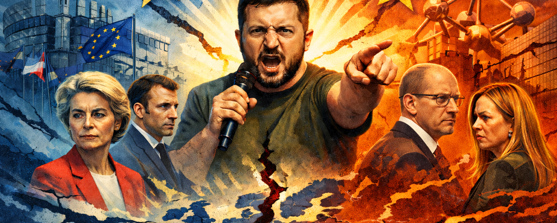 Volodímir Zelenski y líderes de la UE (imagen creada por IA)  - Sputnik Mundo, 1920, 21.02.2026