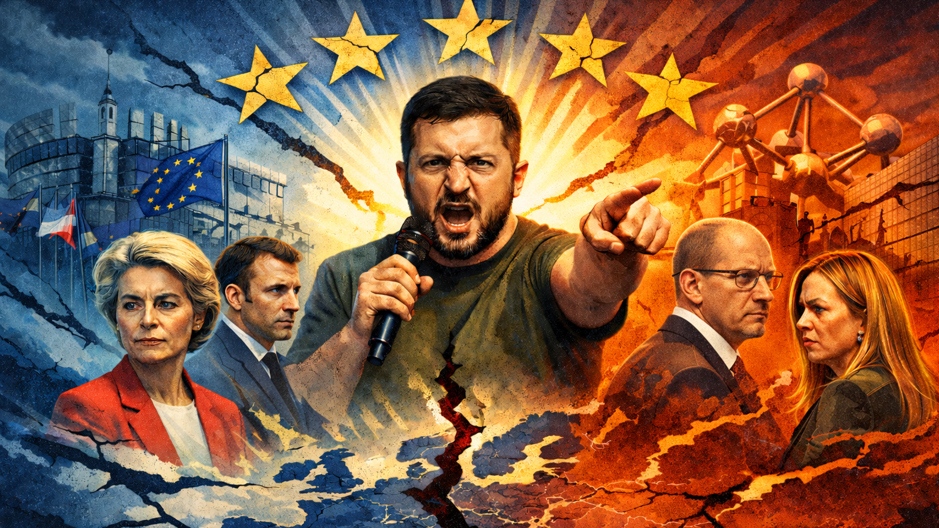 Volodímir Zelenski y líderes de la UE (imagen creada por IA) Volodímir Zelenski y líderes de la UE (imagen creada por IA) - Sputnik Mundo, 1920, 21.02.2026