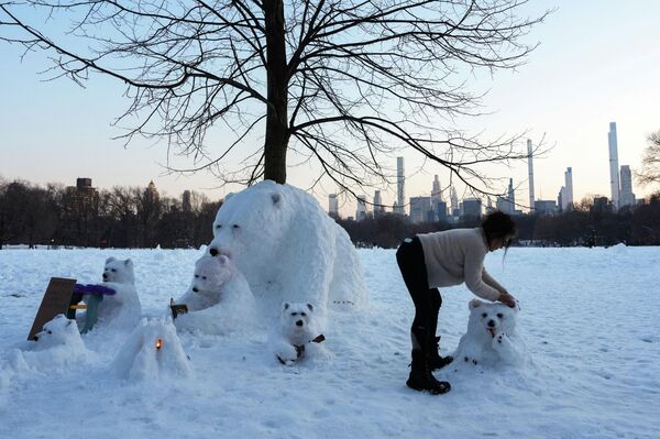 La artista Haide Hatri crea una escultura de nieve de un oso polar en Nueva York, Estados Unidos. - Sputnik Mundo