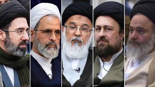 El segundo hijo del asesinado líder supremo de Irán, Mojtaba Jameneí, vicepresidente de la Asamblea de Expertos, Alireza Arafi, miembro de la Asamblea de Expertos Mohammad Mehdi Mirbagheri, nieto del ayatolá Ruhollah Jomeiní, Hasán Jomeiní, miembro del Grupo de Reflexión Estratégica de la Asamblea de Expertos Hashem Hosseini Bushehri  - Sputnik Mundo