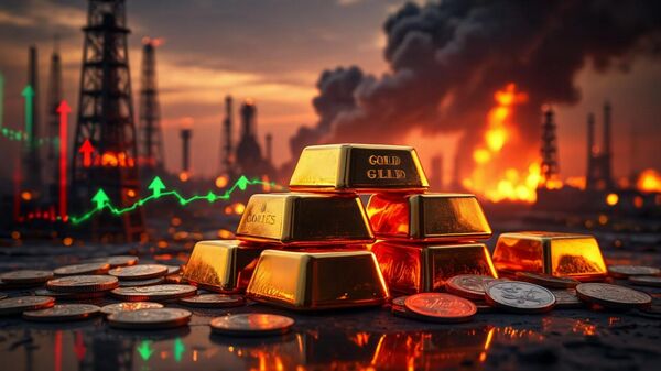 Lingotes de oro y plataformas petrolíferas (imagen creada por la IA) - Sputnik Mundo