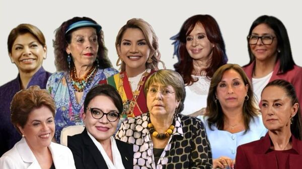 Laura Chinchilla, Rosario Murillo, Jeanine Áñez, Cristina Fernández de Kirchner, Delcy Rodríguez (fila superior, de izquierda a derecha), Dilma Rousseff, Xiomara Castro, Michelle Bachelet, Dina Boluarte, Claudia Sheinbaum (fila inferior, de izquierda a derecha) - Sputnik Mundo
