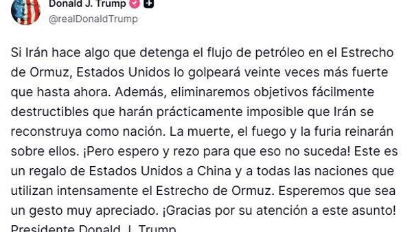 Trump amenaza con atacar a Irán 20 veces más fuerte si cierra el estrecho de Ormuz al petróleo - Sputnik Mundo