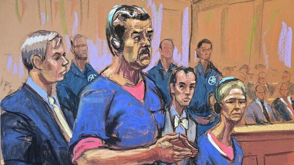 Boceto de la sala del tribunal que muestra al presidente secuestrado de Venezuela, Nicolás Maduro, y su esposa, Cilia Flores, asistiendo a su comparecencia ante los abogados defensores Barry Pollack y Mark Donnelly, para enfrentar cargos federales en el juzgado de Daniel Patrick Moynihan en Manhattan, Nueva York, Estados Unidos, el 5 de enero de 2026 - Sputnik Mundo