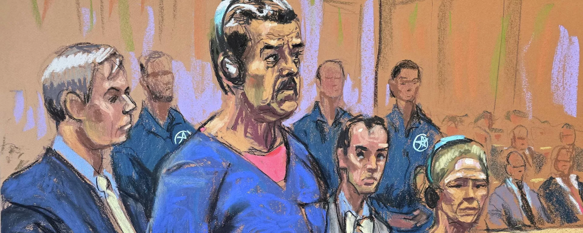 Boceto de la sala del tribunal que muestra al presidente secuestrado de Venezuela, Nicolás Maduro, y su esposa, Cilia Flores, asistiendo a su comparecencia ante los abogados defensores Barry Pollack y Mark Donnelly, para enfrentar cargos federales en el juzgado de Daniel Patrick Moynihan en Manhattan, Nueva York, Estados Unidos, el 5 de enero de 2026 - Sputnik Mundo, 1920, 26.03.2026