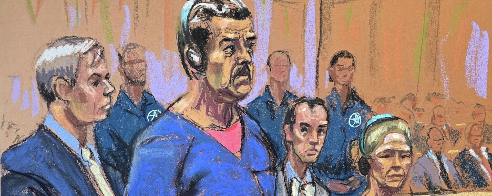 Boceto de la sala del tribunal que muestra al presidente secuestrado de Venezuela, Nicolás Maduro, y su esposa, Cilia Flores, asistiendo a su comparecencia ante los abogados defensores Barry Pollack y Mark Donnelly, para enfrentar cargos federales en el juzgado de Daniel Patrick Moynihan en Manhattan, Nueva York, Estados Unidos, el 5 de enero de 2026 - Sputnik Mundo, 1920, 26.03.2026