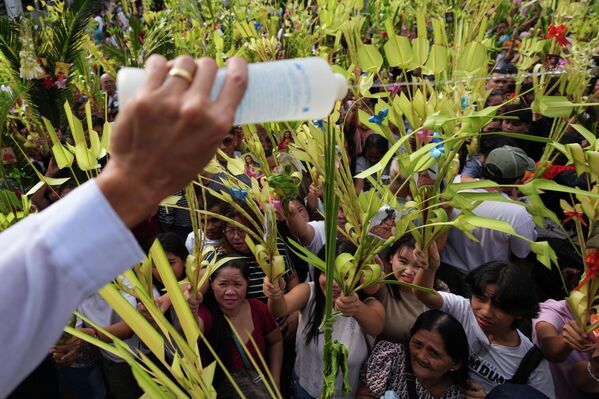 Así celebran el Domingo de Ramos en la provincia de Rizal, Filipinas. Un miembro del personal de la iglesia rocía agua bendita sobre las ramas de palma de los fieles durante los ritos de bendición frente a la catedral en la ciudad de Antipolo. - Sputnik Mundo