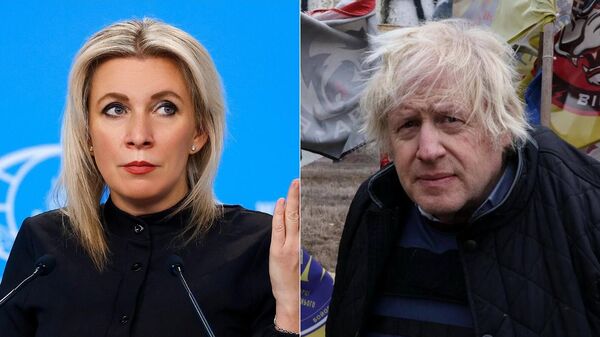 La portavoz del Ministerio de Exteriores ruso, María Zajárova, y el ex primer ministro británico Boris Johnson   - Sputnik Mundo