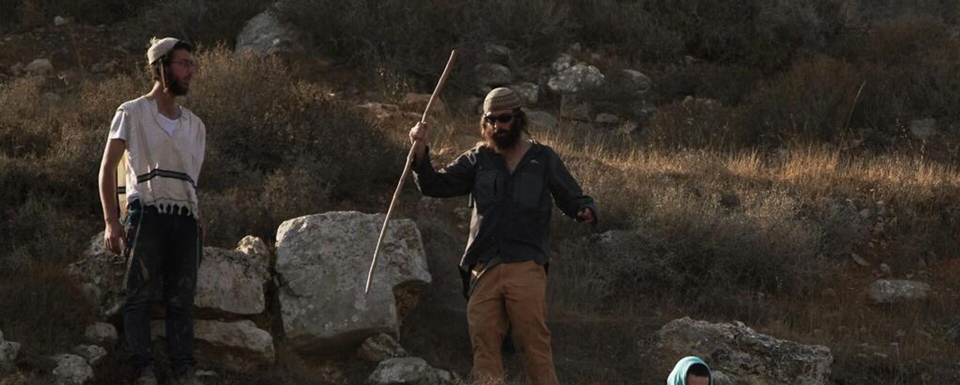 Colonos israelíes descienden una colina en una zona de cosecha de aceitunas en la aldea de Sa'ir, en Cisjordania, cerca de Hebrón, el jueves 23 de octubre de 2025. (Foto AP/Leo Correa) - Sputnik Mundo, 1920, 18.04.2026