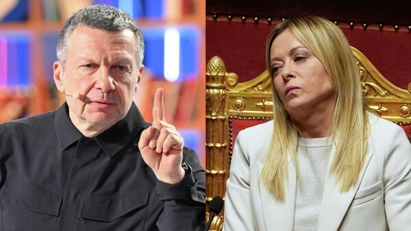 El periodista y presentador de televisión ruso, Vladímir Soloviov, y la primera ministra de Italia, Giorgia Meloni - Sputnik Mundo
