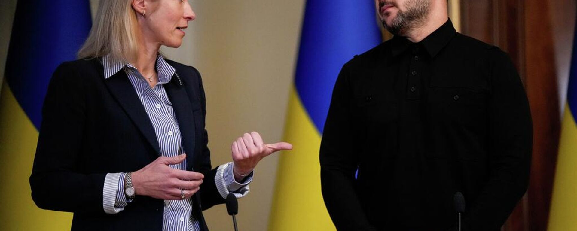 La alta representante de la Unión Europea para Asuntos Exteriores y Política de Seguridad, Kaja Kallas, y Volodímir Zelenski, durante una conferencia de prensa, 13 de octubre de 2025 en Kiev, Ucrania  - Sputnik Mundo, 1920, 11.05.2026