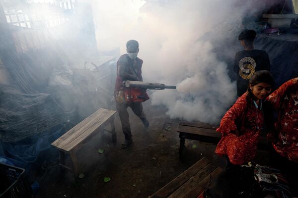 Un trabajador desinfecta mediante una fumigación un predio como prevención frente a las enfermedades que propagan los mosquitos, en la capital bangladesí, Daca. - Sputnik Mundo