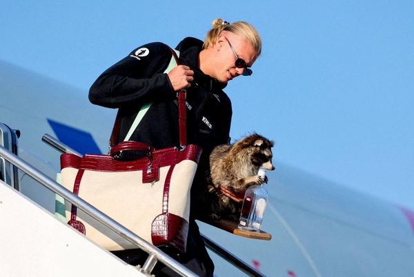 El futbolista noruego Erling Braut Haaland bajando del avión en el aeropuerto de Oslo con un mapache disecado. - Sputnik Mundo