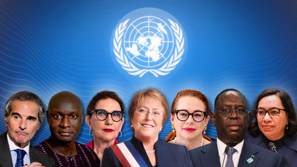 Rafael Grossi, director general del OIEA; Olara Otunnu, excanciller de Uganda; Rebeca Grynspan, exvicepresidenta de Costa Rica; Michelle Bachelet, expresidenta de Chile; María Fernanda Espinosa, excanciller de Ecuador; Macky Sall, expresidente de Senegal; Carolyn Rodrigues-Birkett, excanciller de Guyana - Sputnik Mundo