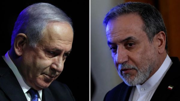 Benjamín Netanyahu, el primer ministro israelí, y Abás Aragchí, el ministro de Exteriores de la República Islámica - Sputnik Mundo