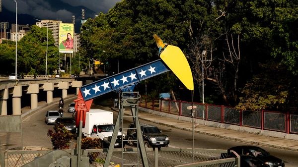 Un guacamayo posa sobre una perforadora de petróleo decorativa en Caracas, Venezuela - Sputnik Mundo