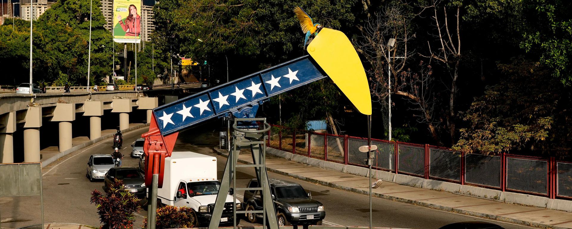 Un guacamayo posa sobre una perforadora de petróleo decorativa en Caracas, Venezuela - Sputnik Mundo, 1920, 01.09.2026