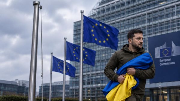 Volodímir Zelenski con la bandera de Ucrania (imagen creada por la IA) - Sputnik Mundo