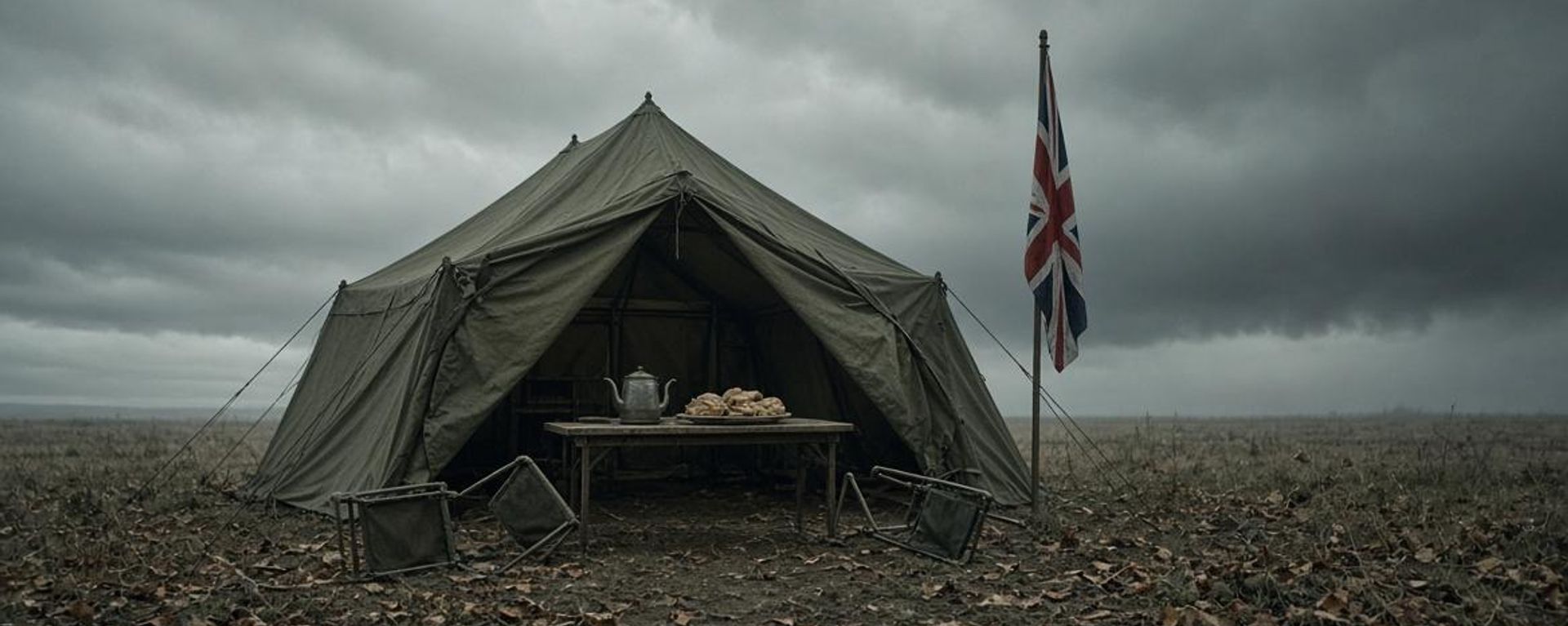 Una carpa de reclutamiento británica vacía y desierta en un campo yermo, con una Union Jack caída, sillas volcadas y un casco abandonado, imagen generada por IA - Sputnik Mundo, 1920, 13.10.2026