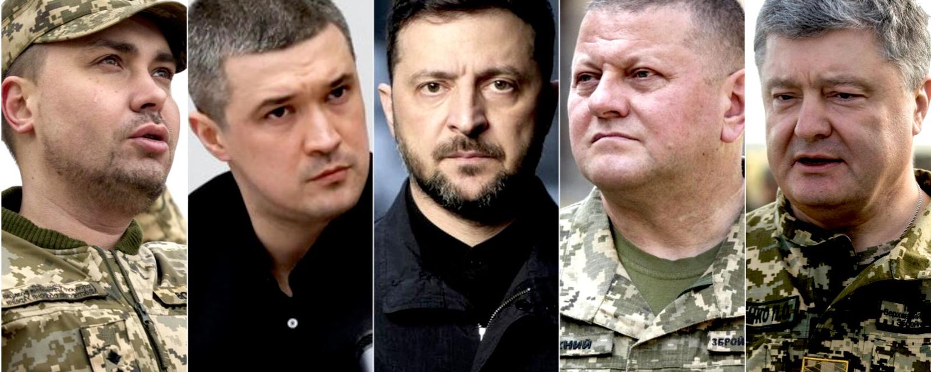 Kiril Budánov*, el jefe de la Oficina Presidencial; Mijaíl Fiódorov, exministro de Defensa; Volodímir Zelenski; Valeri Zaluzhni, excomandante en jefe de las FFAA de Ucrania y actual embajador en el Reino Unido; Petró Poroshenko**, expresidente de Ucrania.

* Incluido por Rusia en la lista de terroristas y extremistas.
** Incluido por el Servicio Federal de Supervisión Financiera de la Federación Rusa (Rosfinmonitoring) en la lista de personas vinculadas con actividades extremistas o terroristas. - Sputnik Mundo, 1920, 13.10.2026