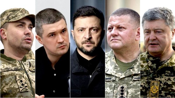 Kiril Budánov*, el jefe de la Oficina Presidencial; Mijaíl Fiódorov, exministro de Defensa; Volodímir Zelenski; Valeri Zaluzhni, excomandante en jefe de las FFAA de Ucrania y actual embajador en el Reino Unido; Petró Poroshenko**, expresidente de Ucrania.

* Incluido por Rusia en la lista de terroristas y extremistas.
** Incluido por el Servicio Federal de Supervisión Financiera de la Federación Rusa (Rosfinmonitoring) en la lista de personas vinculadas con actividades extremistas o terroristas. - Sputnik Mundo