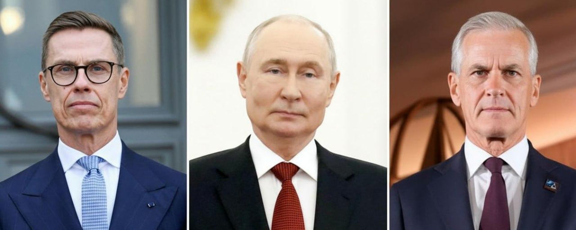El presidente de Finlandia, Alexander Stubb, el pandatario de Rusia, Vladímir Putin, y el primwr ministro de Noruega, Jonas Gahr Store   - Sputnik Mundo, 1920, 27.10.2026