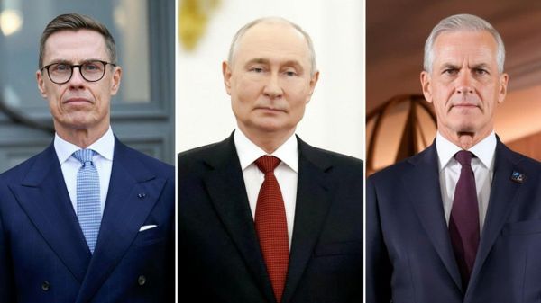 El presidente de Finlandia, Alexander Stubb, el pandatario de Rusia, Vladímir Putin, y el primwr ministro de Noruega, Jonas Gahr Store   - Sputnik Mundo