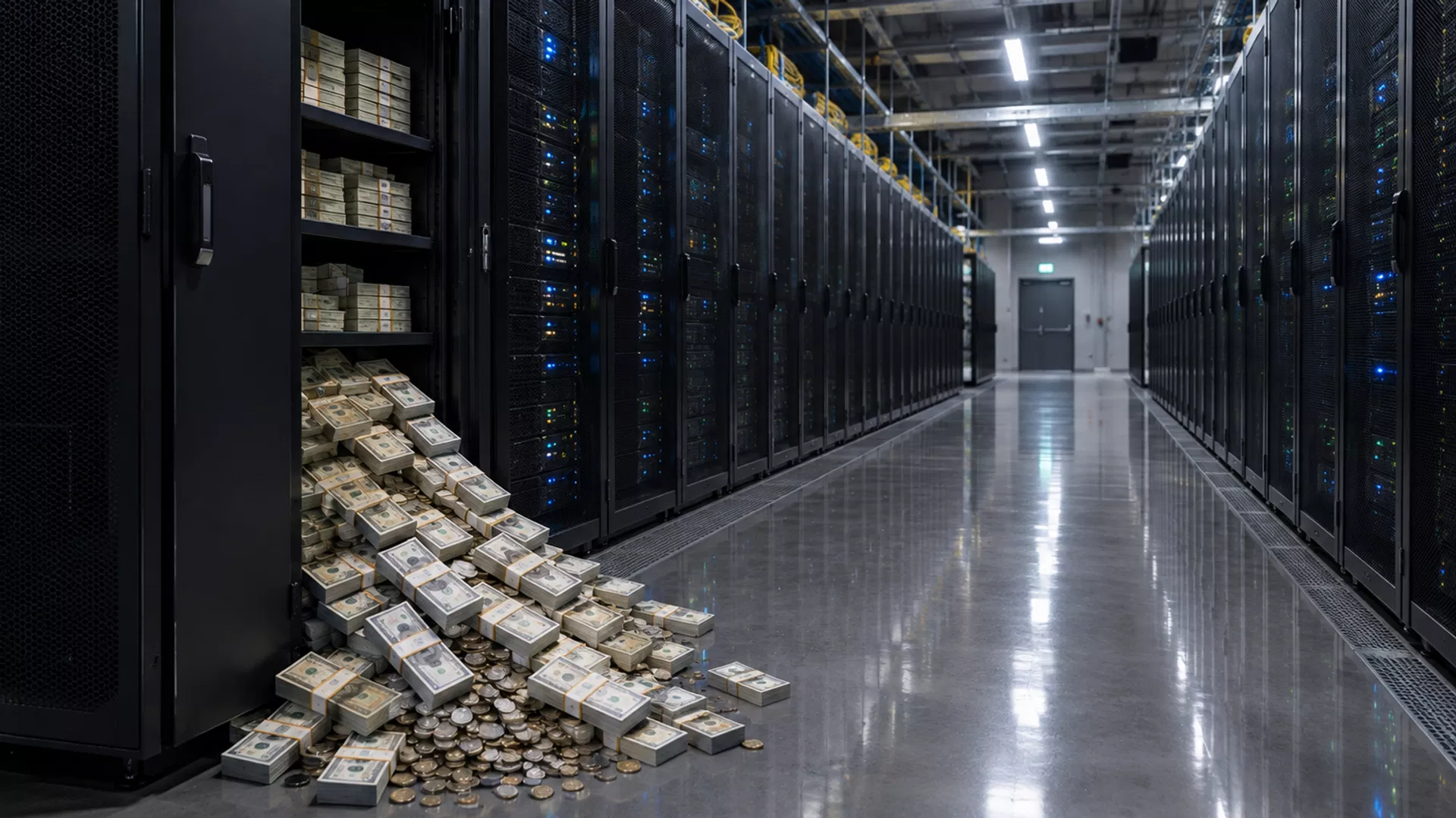 Un grande server informatico con un pannello laterale aperto; all'interno, al posto dei componenti elettronici, ci sono pile di banconote e monete, immagine generata dall'IA - Sputnik Mundo, 1920, 28.10.2026