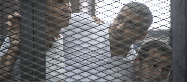 Australiano Peter Greste, el egipcio con pasaporte canadiense Mohamed Fahmy y el egipcio Baher Mohamed - Sputnik Mundo
