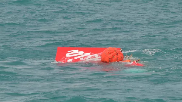 Part of the tail of AirAsia QZ8501 floats on the surface after being lifted as Indonesian navy divers conduct search operations for the black box flight recorders and passengers and crew of the aircraft, in the Java Sea January 10, 2015. - Sputnik Mundo