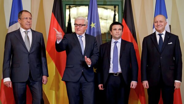 Serguéi Lavrov, Frank-Walter Steinmeier, Pavló Klimkin y Laurent Fabius - Sputnik Mundo