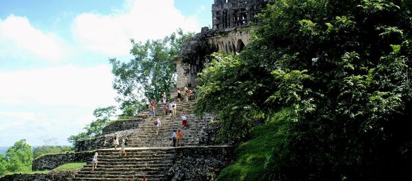 Туристы поднимаются на пирамиду Паленке в штате Чьяпас, Мексика Туристы поднимаются на пирамиду Паленке в штате Чьяпас, Мексика - Sputnik Mundo
