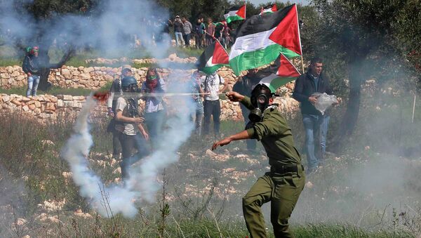 A Palestinian protester against Jewish settlements in the West Bank village of Bilin, near Ramallah February 27, 2015 - Sputnik Mundo