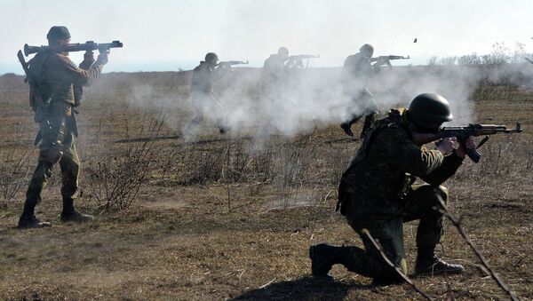 Fighters of Ukrainian volonteer Azov battalion take part in military exercises not far southeastern Ukrainian city of Mariupol, on February 27, 2015 - Sputnik Mundo