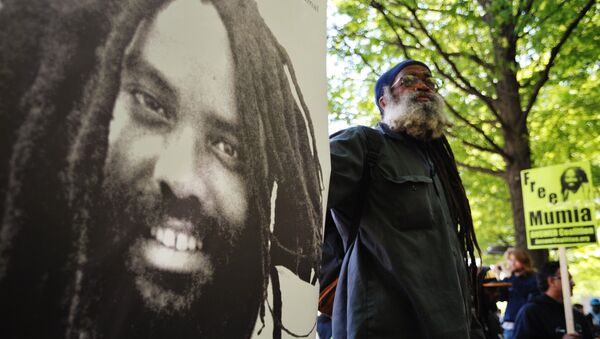 A protestor stands next to an image of Mumia Abu-Jamal outside the US Department of Justice on April 24, 2012 - Sputnik Mundo