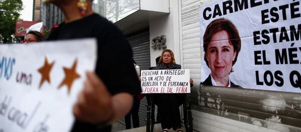 A supporter holds a sign during a protest against the dismissal of Mexican journalist Carmen Aristegui - Sputnik Mundo