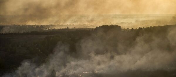 An aerial view from helicopter shows smoke from forest fires in northern Ukraine - Sputnik Mundo