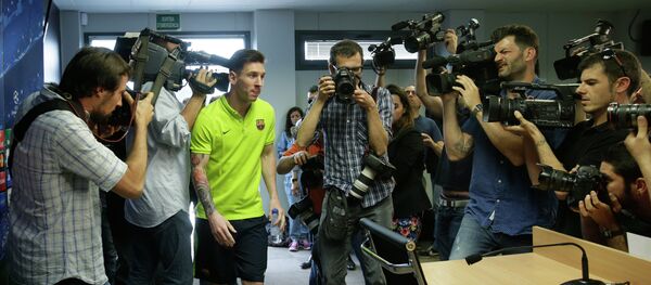 Leo Messi en la rueda de prensa previa al Barça-Bayern de la Champions - Sputnik Mundo