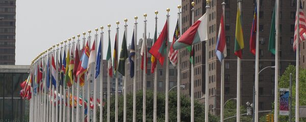 Banderas de los Estados Miembros de las Naciones Unidas frente de la sede de la ONU en Nueva York - Sputnik Mundo